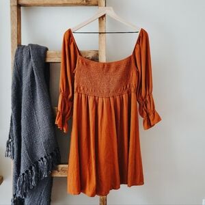 Peach Love California Burnt Orange Smocked Square Neck Mini Dress – Size L